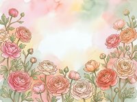 Watercolor ranunculus flowers in soft pink and coral tones with green leaves on a pastel background, copy space for text.