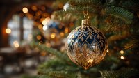 Elegant gold and blue Christmas ornament hanging on evergreen tree branch with warm bokeh lights creating festive holiday atmosphere for seasonal decorations.