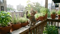 Tabby cat standing on wooden railing among potted herbs and plants on urban rooftop garden with city skyline background, suitable for pet and gardening content.