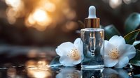 Transparent serum dropper bottle with white jasmine flowers on reflective surface against golden bokeh background at sunset.