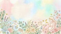 Young woman with long hair sitting in contemplative pose surrounded by blooming roses, wildflowers, and botanical elements in soft pastel watercolor style, isolated on white background for design use.