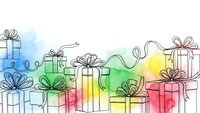 Colorful watercolor gift boxes with ribbons and bows in line art style on white background for holiday celebrations and special occasions.