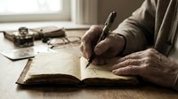 Elderly hands writing in vintage leather journal with fountain pen on wooden desk near window, warm natural lighting creates nostalgic atmosphere for storytelling.