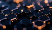 Glowing molecular structure with interconnected hexagonal shapes against dark background, orange light bokeh effects creating futuristic scientific atmosphere.