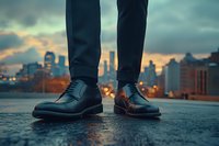 Elegant black leather shoes on urban rooftop with dramatic cityscape sunset backdrop and bokeh lights, reflecting wet surface creates moody atmosphere.