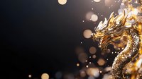 Golden dragon statue with sparkling particles and bokeh lights on dark background, suitable for luxury, fantasy, and celebration design projects.