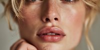Close-up portrait of young Caucasian woman with freckles and natural makeup showing plump lips and soft skin texture against neutral background.