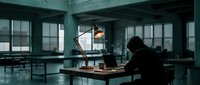 Young male professional working late at night in modern industrial office space with laptop and desk lamp, suitable for business, productivity, and corporate concepts.