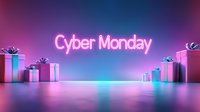 Glowing neon Cyber Monday text with gift boxes on gradient purple blue background, reflective surface creates modern shopping atmosphere.