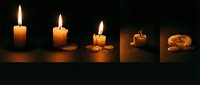 Candle burning stages from full flame to melted wax puddle showing complete lifecycle in dark atmospheric lighting for meditation and relaxation concepts.