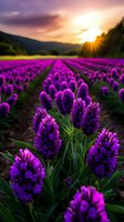 Vibrant purple lupine flowers growing in rows stretch toward dramatic sunset sky with golden sunburst over mountain landscape, creating magical agricultural scenery.
