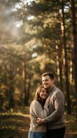 Happy young Caucasian couple embracing in autumn forest with warm sunlight filtering through trees creating romantic outdoor portrait for lifestyle content.
