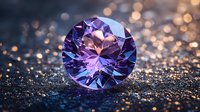 Round cut purple gemstone with brilliant facets on dark glittering background, luxury jewelry and precious stone macro photography for fine jewelry design.