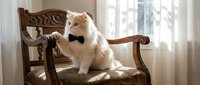 Fluffy white and orange cat wearing a black bow tie sitting on an ornate wooden chair by a sunlit window with sheer curtains.