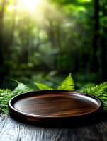 Empty wooden plate on dark table with green ferns and mystical forest background, sunbeams breaking through trees create magical atmosphere for product display.