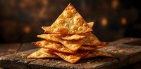 Golden crispy tortilla chips stacked on rustic wooden board with warm bokeh background for snack food packaging and restaurant menu design.