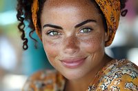 Close up portrait of young mixed race woman with freckles and bright blue eyes wearing yellow bandana and floral dress, smiling warmly at camera.