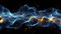 Ethereal blue and gold energy waves flow through starry space, creating dynamic motion with glowing particles and translucent smoke effects against dark background.