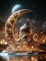 Magical mosque with ornate domes and minarets nestled within glowing crescent moon over misty waters, illuminated by golden bokeh lights and ethereal moonlight.