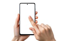 Caucasian woman hands holding modern smartphone with blank white screen and touching display, isolated on white background for mockup design.
