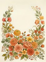 Watercolor floral wreath with roses, dahlias, and wildflowers in warm orange and peach tones on cream background with copy space.