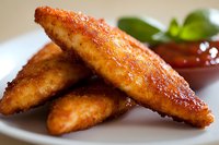 Crispy breaded chicken tenders with golden-brown crust served on white plate with dipping sauce and fresh herbs, close-up view showing texture and juicy meat.