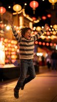 Excited young boy jumping with joy at colorful lantern festival celebration with warm bokeh lights creating festive atmosphere for holiday events.