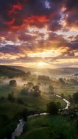 Dramatic sunrise over rolling green hills with winding river, misty valley, and vibrant orange-purple sky with golden light rays breaking through clouds, ideal for nature and landscape projects.
