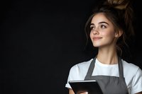 Young female barista in gray apron and white t-shirt holding digital tablet, looking up with confident smile against dark background. Professional service industry portrait.
