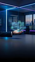 Businessman hand presenting holographic data analytics dashboard with charts and cloud computing icons in modern office with city skyline at night.