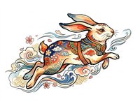 Decorative rabbit with ornate patterned body and flowing ribbons, isolated on transparent background. Ready for t-shirts, stickers, clipart, sublimation, and print-on-demand designs.