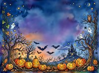 Spooky Halloween night scene with jack-o-lanterns, haunted castle, bare trees, flying bats, ghosts, owl, moon and stars in watercolor style for seasonal designs.