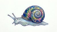 Colorful snail with iridescent shell featuring spiral pattern in blue, purple, and gold tones, isolated on white background for design projects.