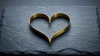 Golden metal heart shape on dark slate stone background for romantic wedding anniversary Valentine's Day greeting cards and love celebration designs.
