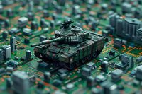 Military tank model placed on circuit board with electronic components, creating surreal miniature battlefield scene in green tones. Macro photography with selective focus.