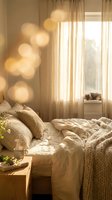 Cozy bedroom with unmade bed, warm golden bokeh lights, sheer curtains filtering soft natural light from window, wooden nightstand with plant, and knitted throw blanket for home decor.