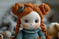Handcrafted textile doll with ginger braided hair, wearing knitted teal sweater. Close up portrait shows detailed facial features and soft fabric texture.