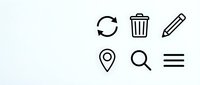 Black line icons set featuring refresh, delete, edit, location pin, search and menu symbols on white background for web and mobile interface design.