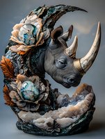 Artistic rhinoceros head sculpture adorned with ornate floral elements, crystal formations, and turquoise accents against moody sky background, showcasing intricate detail.