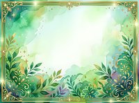 Watercolor botanical frame with green foliage, gold ornamental borders, and white center space. Isolated design element for invitations, certificates, and decorative backgrounds.