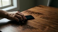Mature man with dark skin tone holding smartphone on wooden table in natural light, suitable for technology, business, and lifestyle editorial use.