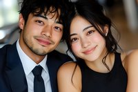 Young Asian couple smiling at camera, man in dark suit and woman in black dress, close-up portrait showing genuine happiness and connection. Professional lifestyle setting.
