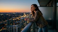 Young woman enjoying sunset city view from modern apartment balcony with urban skyline and glowing lights creating peaceful evening atmosphere for lifestyle content.