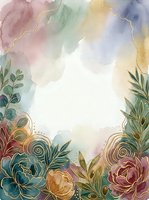 Watercolor floral frame with gold line art peonies and leaves on soft pastel background, copy space for text, wedding or invitation design.