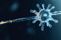 Microscopic view of virus cell with spiky crown-like surface floating in dark blue space, detailed scientific visualization showing pathogen structure.