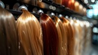 Professional hair extensions and wigs display in beauty salon showcasing various blonde and brunette shades for hairstyling and fashion transformation.