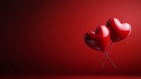 Red heart-shaped balloons crossing on dark red gradient background, romantic symbol of love and celebration for Valentine's Day, anniversaries, and weddings.