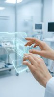 Hands of a healthcare professional interacting with holographic medical interface in modern hospital laboratory setting. Futuristic technology for diagnostics.