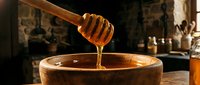 Golden honey dripping from wooden dipper into rustic bowl in traditional kitchen setting with warm lighting and natural ingredients for cooking.