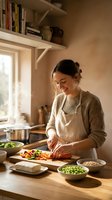 Young woman preparing healthy meal in cozy kitchen, chopping fresh vegetables on wooden cutting board with natural sunlight streaming through window.